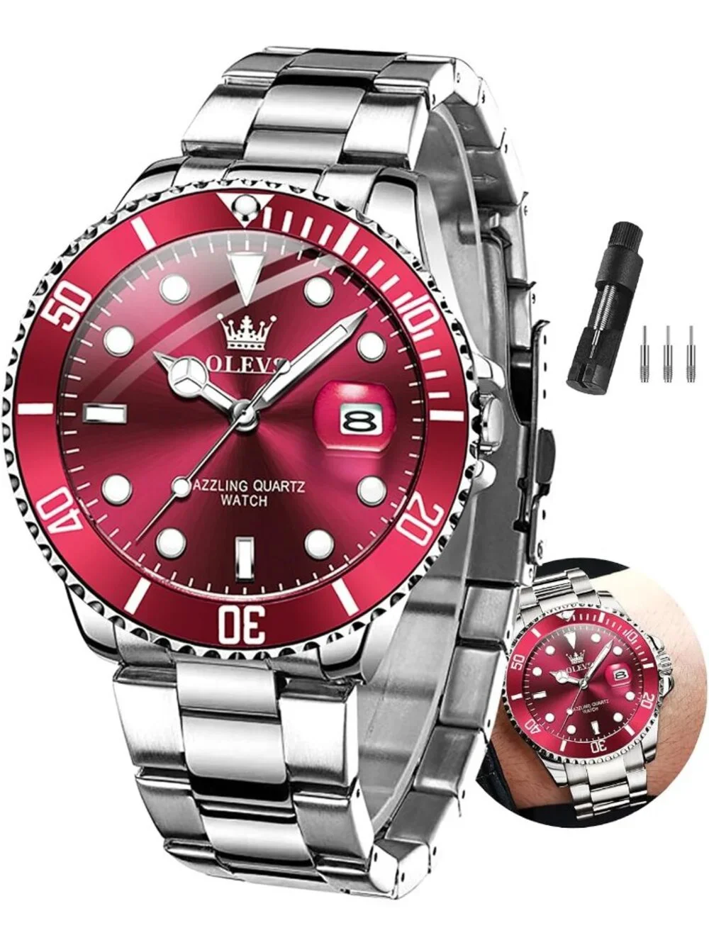 Men's Red Luxury Stainless Steel Waterproof Quartz Big Face Fashion Wrist Watch